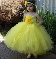 girls yellow flower tutu dress kids crochet tulle dress ball gown with hairbow children birthday party costume evening dresses
