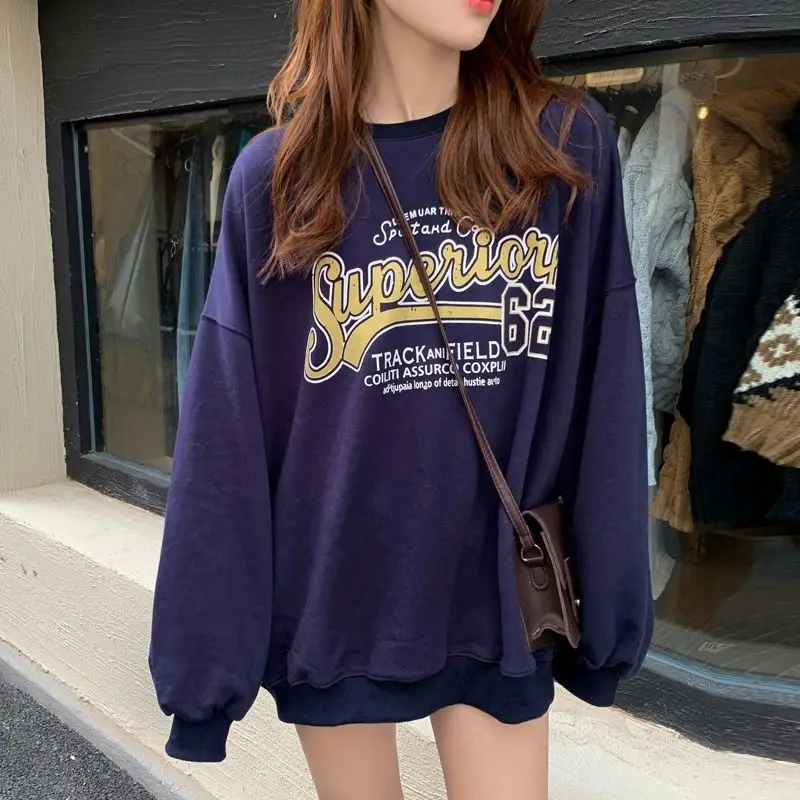 

Streetwear Vintage Letter Printing Sweatshirt Women American High Street Oversized Long Sleeve Tops 2021 Autumn New Casual Teens