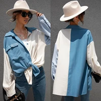 women harajuku autumn winter patchwork color contrast chic blouse long sleeve pockets solid all match midi female clothing shirt