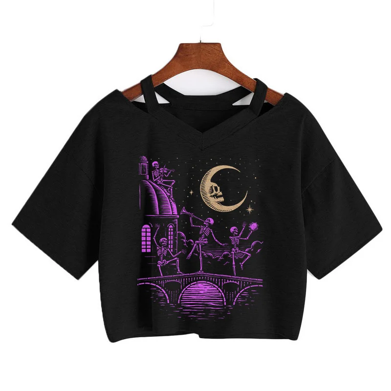 2021 New Dance skull pattern T-Shirt Summer Women's Crop Tops Short Sleeve Gothic Tees Punk Grunge Shirt Harajuku Y2k Sexy Top | Женская