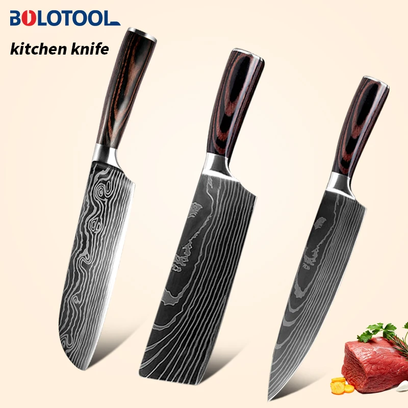 Набор кухонных ножей дамасский лазерный узор 3 шт. японский шеф-повар накири