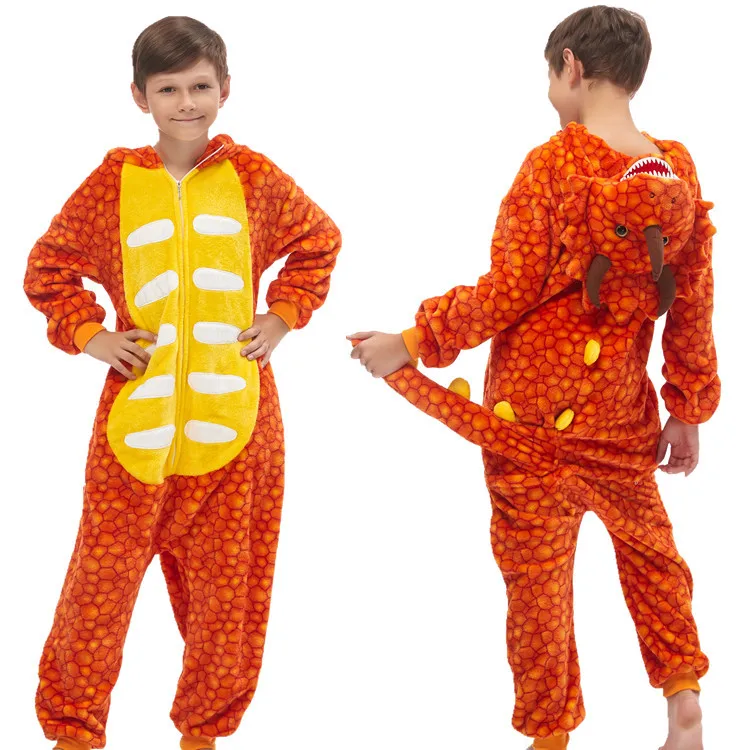 Orange triceratops Kigurumi/Детская Пижама с единорогом для девочек; Пижама с капюшоном для мальчиков; Рождественская Пижама с единорогом; одеяло для сна; комбинезон с животными - Цвет: Orange triceratops