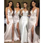 Дешевые Элегантные платья подружки невесты на бретельках с глубоким V-образным вырезом и разрезом атласные платья с юбкой-годе для гостей свадьбы 2020 платье для свадебной вечеринки