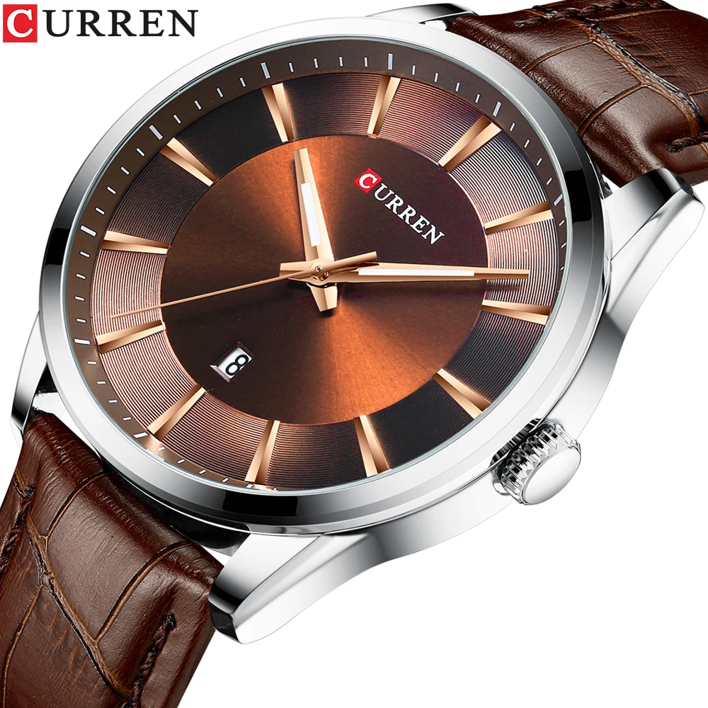 

Кварцевые наручные часы Curren, простой дизайн, мужские коричневые деловые повседневные часы с кожаным ремешком, модные часы с датой, мужские н...