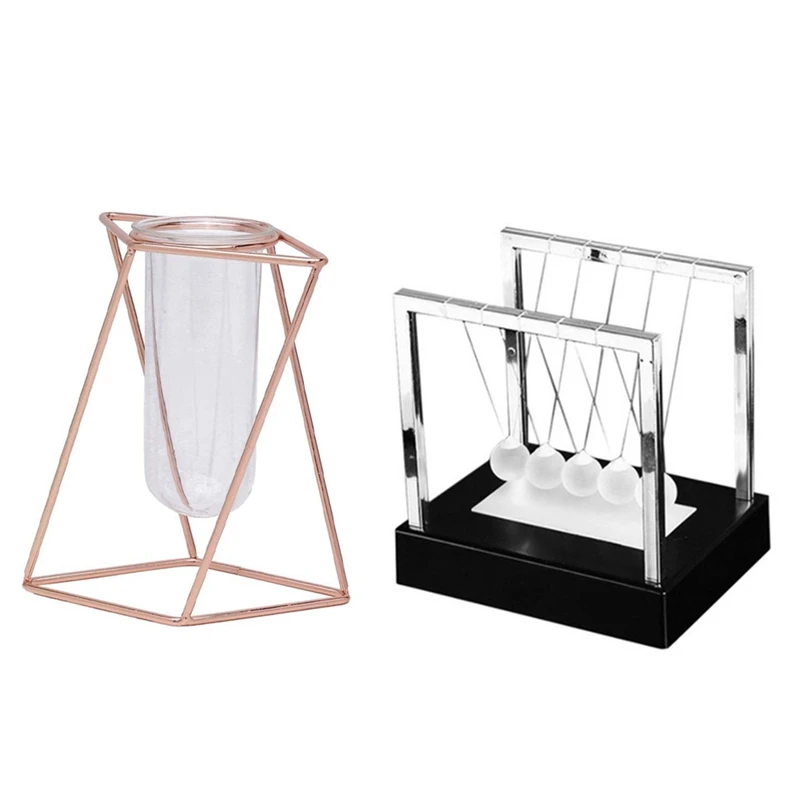 

Newtons Cradle LED Light Up Kinetic Energy Home Office Science Toys & Glass Flower Vase With Metal Stand