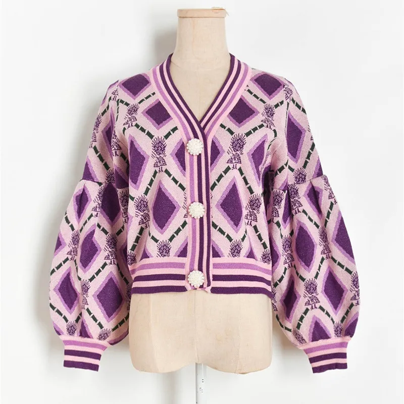 

Женский винтажный трикотажный кардиган, дизайнерский брендовый свитер контрастных цветов с треугольным вырезом, рукавами-фонариками и ром...