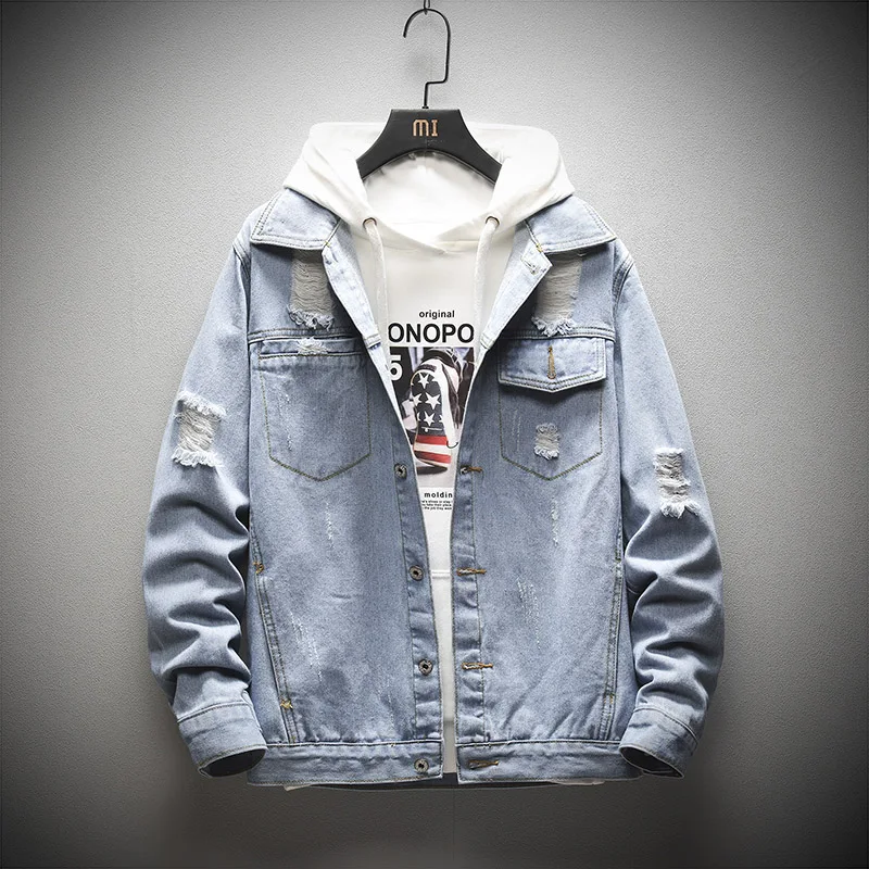 

Men's Denim Jacket Hip Hop Retro Denim Jacket Street Casual Pilot Harajuku Fashion Hole Slim Buttoned Sky Blue Men's Jacket