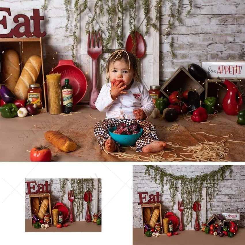 

Kitchen Background Vegetable Decoration Newborn Baby Shower Smash Cake Photography Background Tomato Bread Simple Wooden Wall