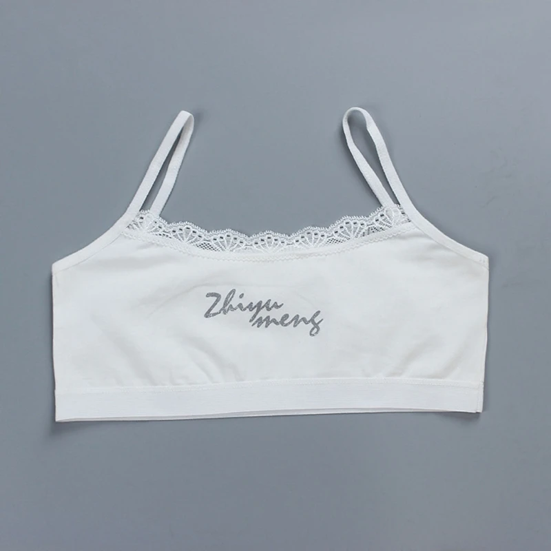 

Хлопковый тренировочный бюстгальтер с кружевной отделкой для молодых девушек, жилет с буквенным принтом, топ на бретельках, подростковое н...