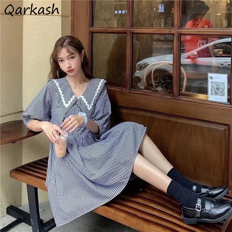 

Dress Preppy Style Sailor Collar Plaid Summer Puff Sleeve A-line Loose Slender Sweet Buttons Harajuku Mini Women Vestidos Chic