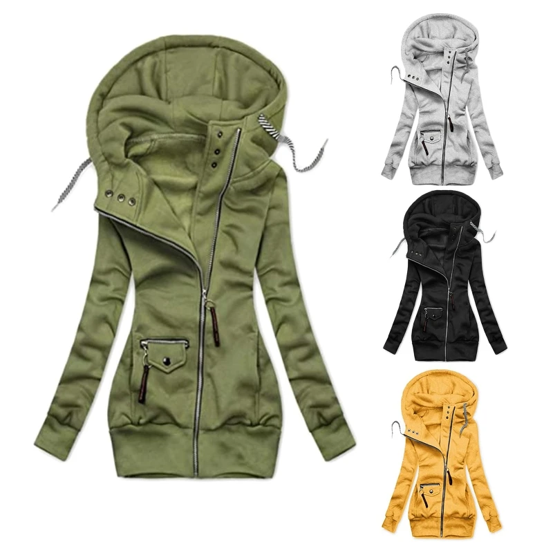 

Women Long Sleeve Hoodie Jacket Solid Color Drawstring Sweatshirt Coat Turtleneck Buttons Zip Slim Outwear with Pockets