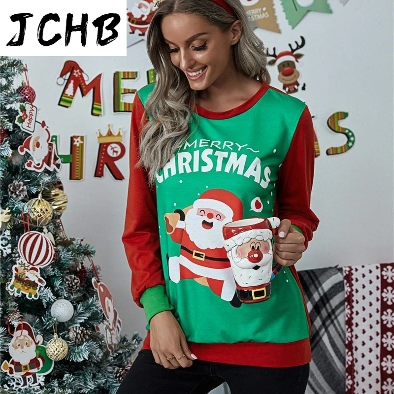 

Santa Christmas Print Long Sleeve Women Sweatshirt Autumn Winter O-Neck Long Sleeve Patchwork Pullover Ladies Multicolour Hoodie