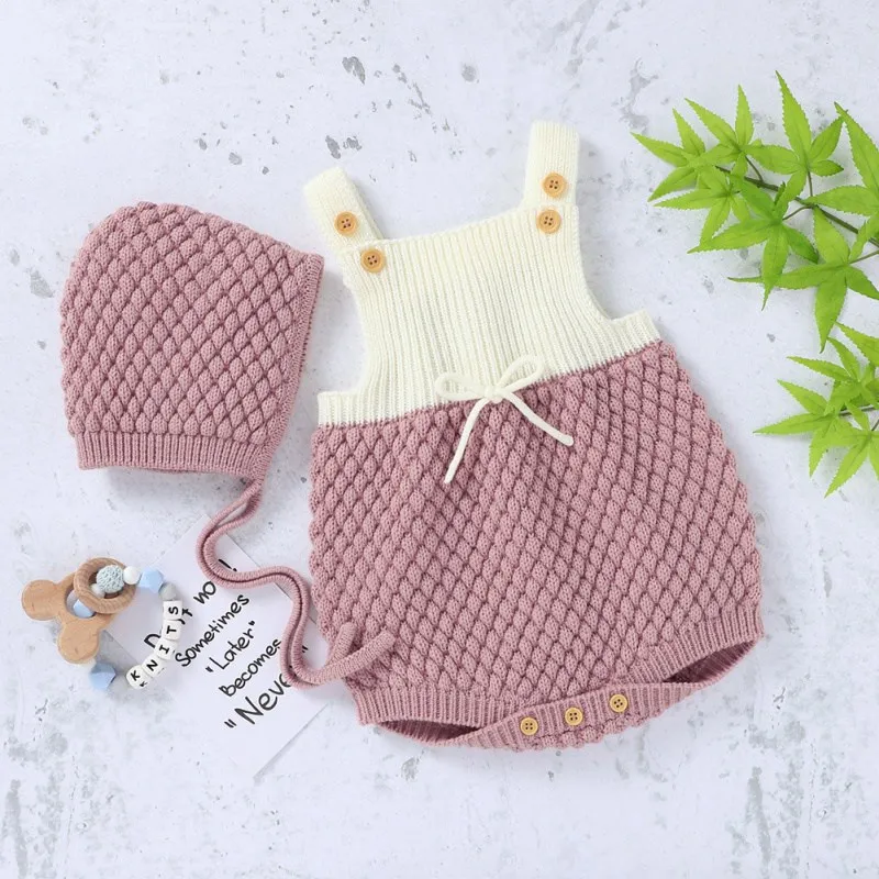 

Autumn Infant Baby Girls Sleeveless Knitted Wool Rompers Kids Bodysuit Jumpsuit Hat Set Sleeveless Baby Kids Playsuit