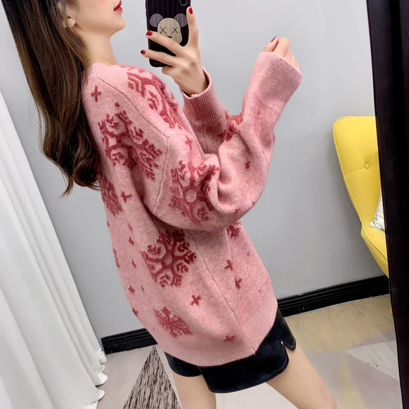 

Hsa Women Winter Sweater and Pullovers Snowflake Pink Pull Jumpers Ugly Chirstmas Sweater Tops Winter Clothes sueter mujer