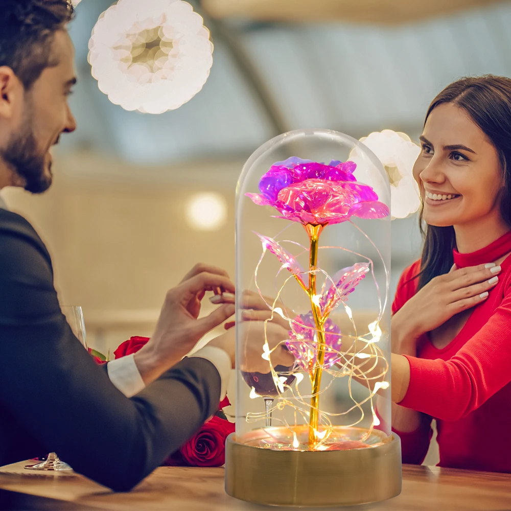 

Прямая поставка, розовые вечные цветы из золотой фольги в стеклянном куполе со светодиодной подсветкой, подарки на день матери, Свадебный д...