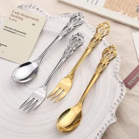 stainless steel retro spoon european embossed gold plated spoon fork hollow coffee spoon dessert fork wedding tableware set