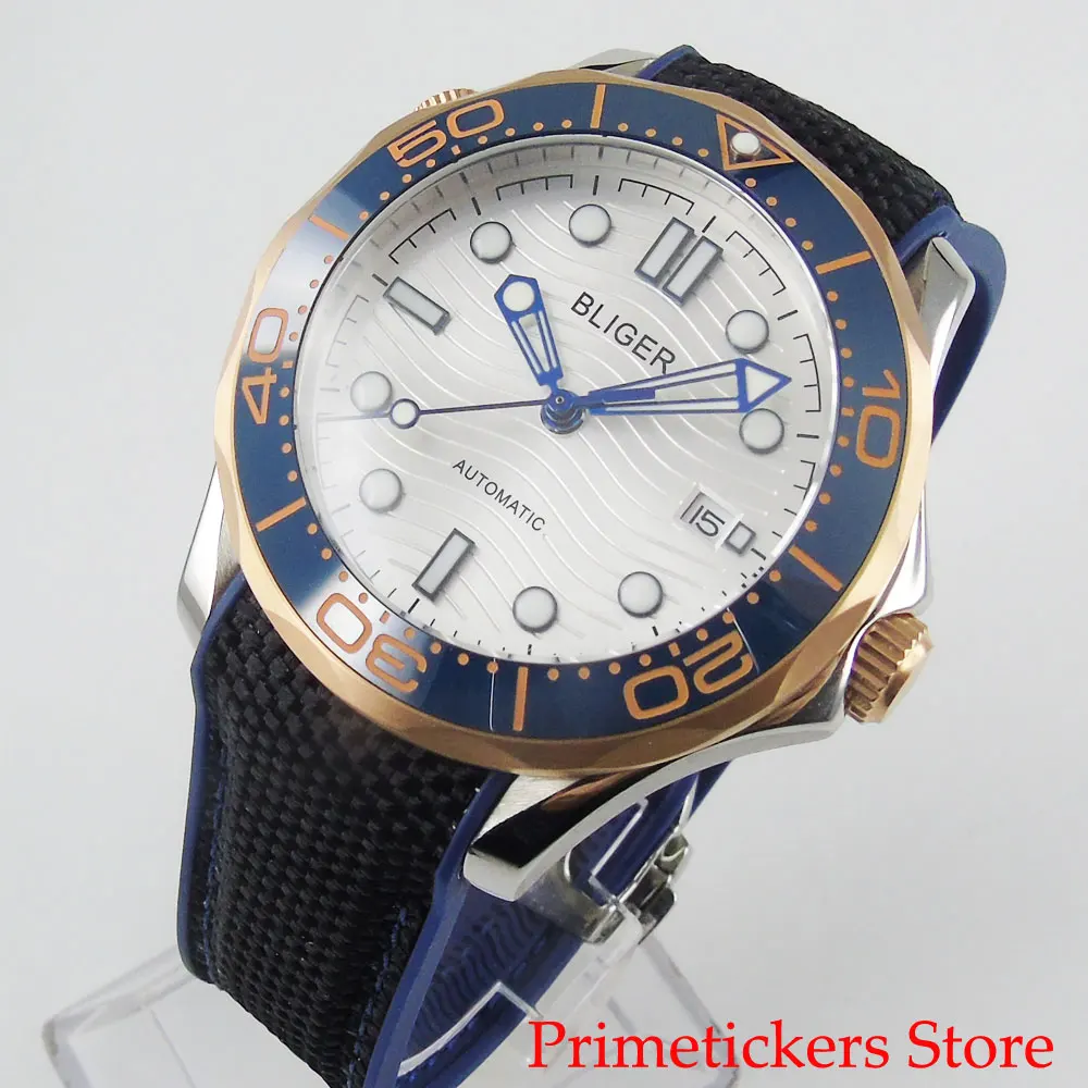 

BLIGER 41mm date white dial sapphire glass movement ceramic bezel rubber strap automatic men watch