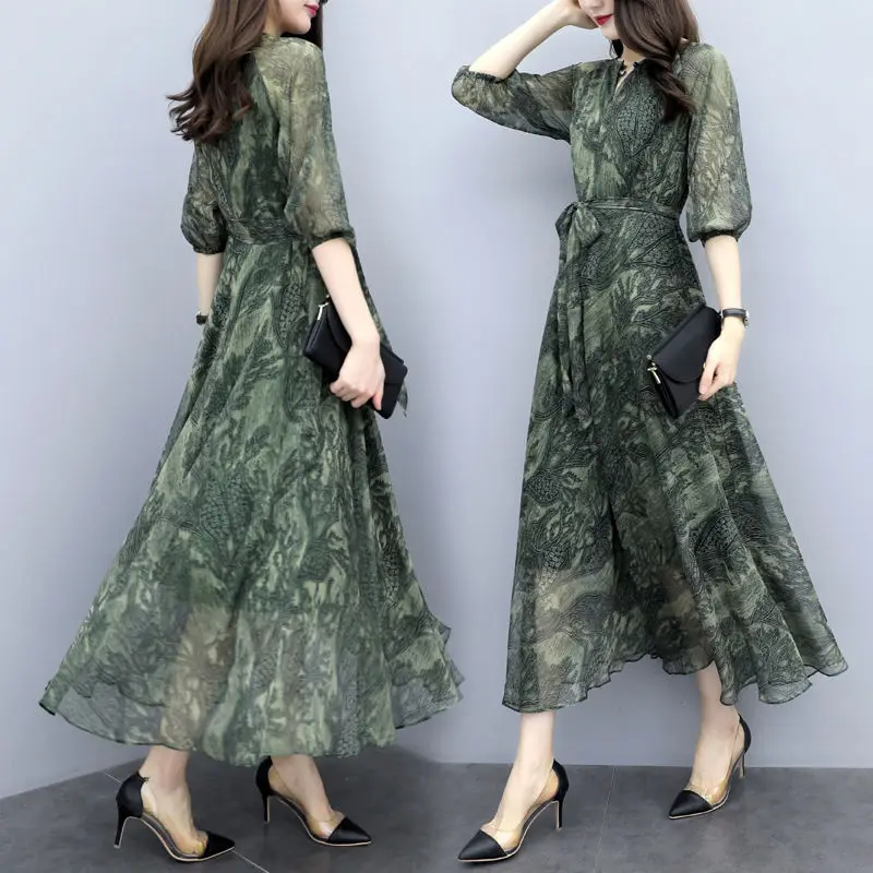 

Women's Spring Summer Style Chiffon Dress Women's Elegant Lace Up Bow Long Sleeve O-neck Printed Korean Casual Dress SS1707