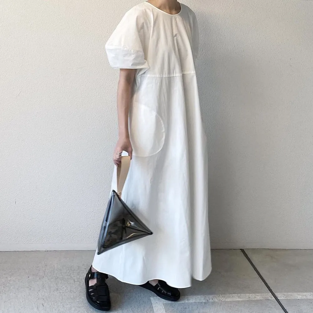 

Vintage Black Puff Sleeve Summer Long Dress Korean Japan Women Casual Short Sleeve Oversized Maxi Office Mori Girl Dress Retro