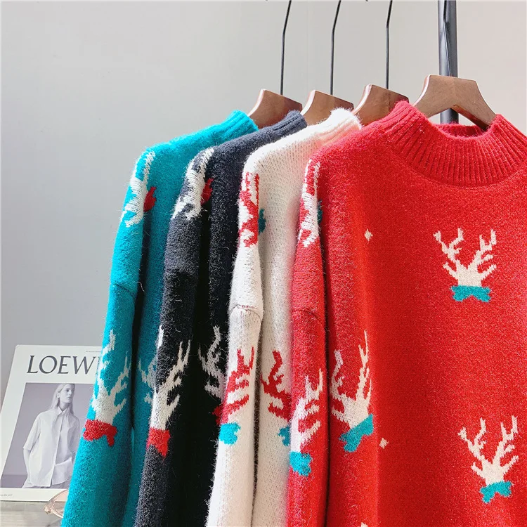 

Fannic Winter Christmas Antler Print Embroidery Sweater Women Red Black Round Neck Acrylic Knitted Pullover Loose Clothes