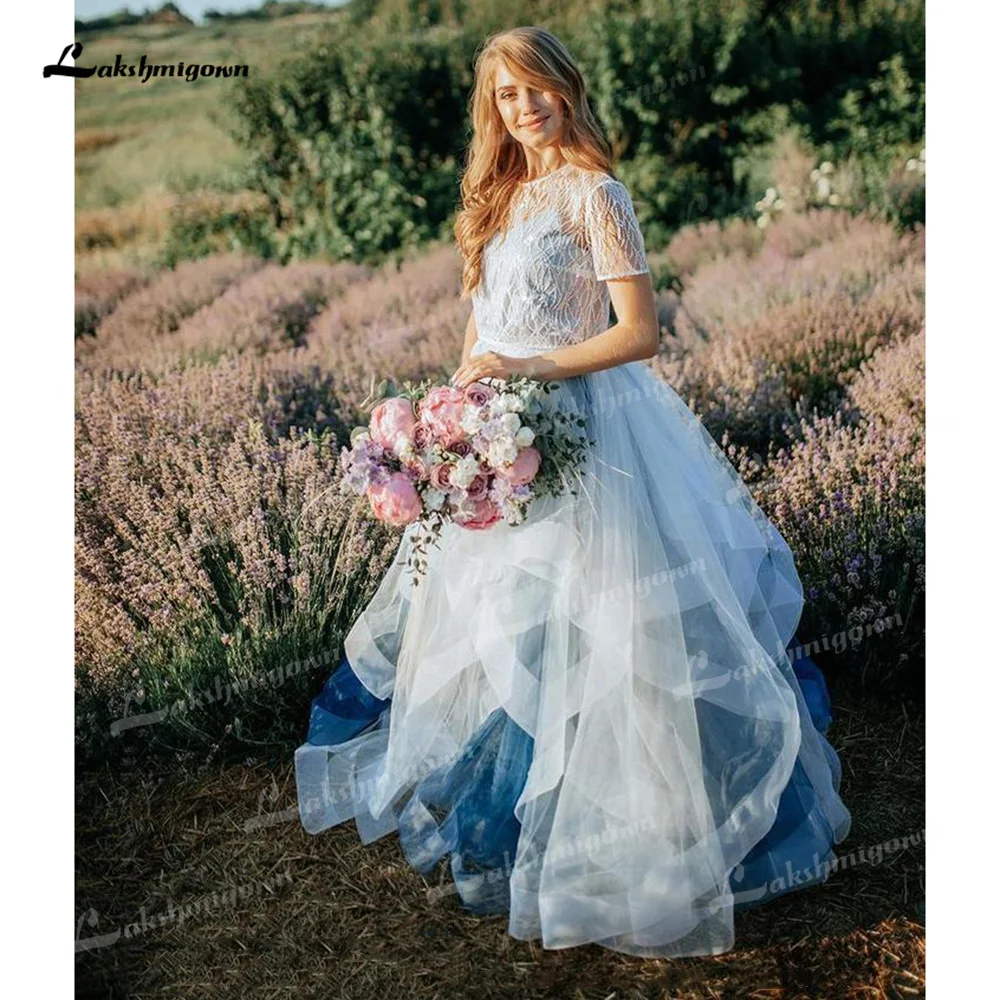 

Blue Wedding Dresses Organza And Tulle A-Line Boho Illusion O-Neck Short Sleeve Sweep/Brush Bride Gowns Appliques Pleats Beading