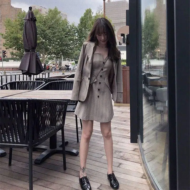 Женский винтажный клетчатый Блейзер пальто два предмета костюмы Ретро стиль