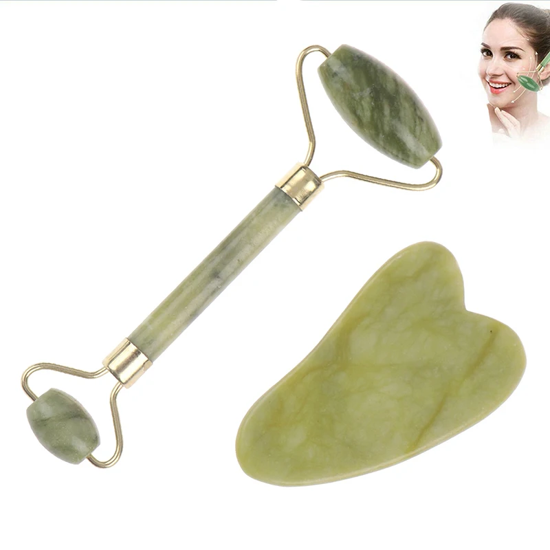 

1 Pcs/1 Set Roller And Gua Sha Tools By Natural Jade Scraper With Stones For Body Facial Skin Care Tools