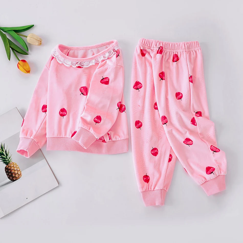 Spring Autumn Baby Girls Thin Flannel Pajama Set Cute Cartoon Lace Homewear Pyjamas Kids Casual Clothing Suit Children 1-6 Years