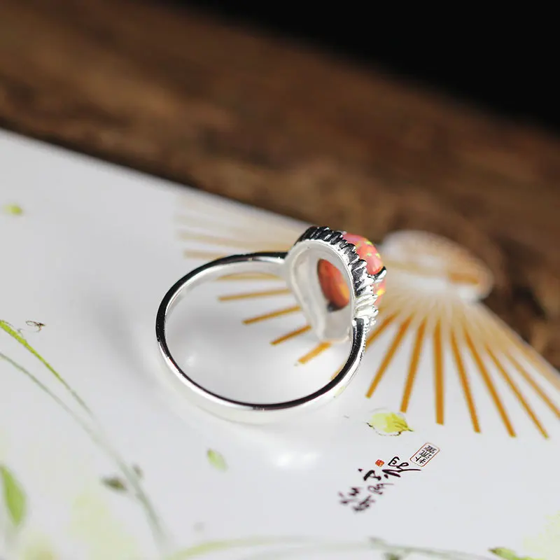 

S925 Sterling Silver Ornament Thai Silver Women's Hand Jewelry Heart-Shaped Opal Ring
