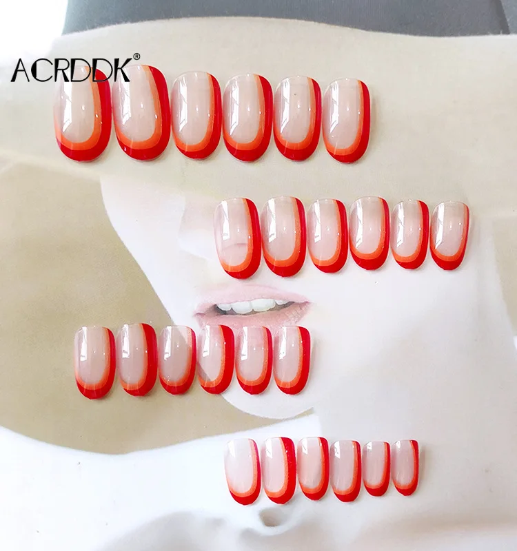 

24pcs Double Color Nail Patch Round Head Glue Type Removable Long Paragraph Fashion Manicure Save Time False Nail Patch DW