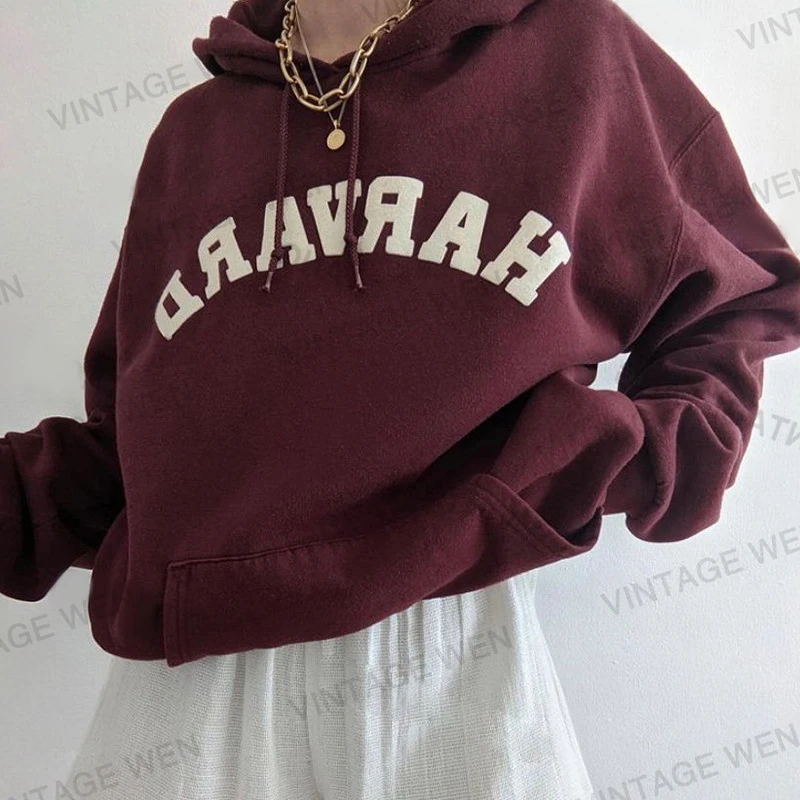 

2021 Autumn And Winter Retro Wine Red Simple White Hooded Sweater Letter Print Street Style Top