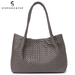 SC женская кожаная сумка-тоут через плечо, женская большая Высококачественная ручная работа, тканая женская сумка через плечо с ручкой и сумочкой