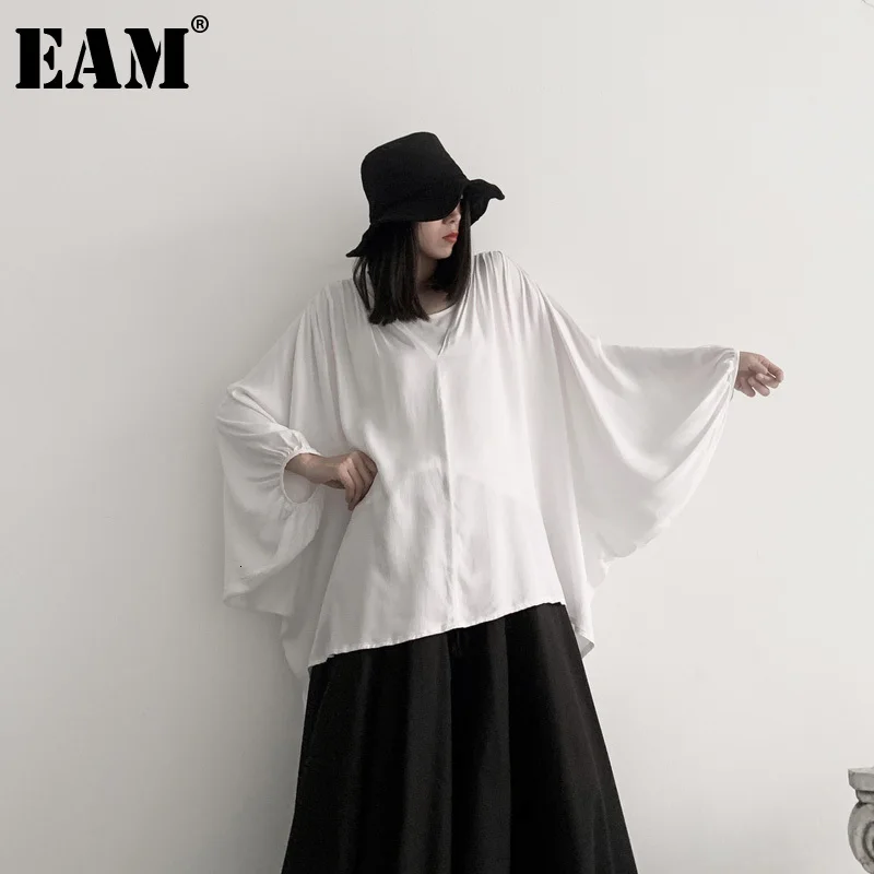 

[EAM] Женская белая короткая блузка большого размера, новая свободная рубашка с отворотом и длинными рукавами «летучая мышь», весна-осень 2022, ...