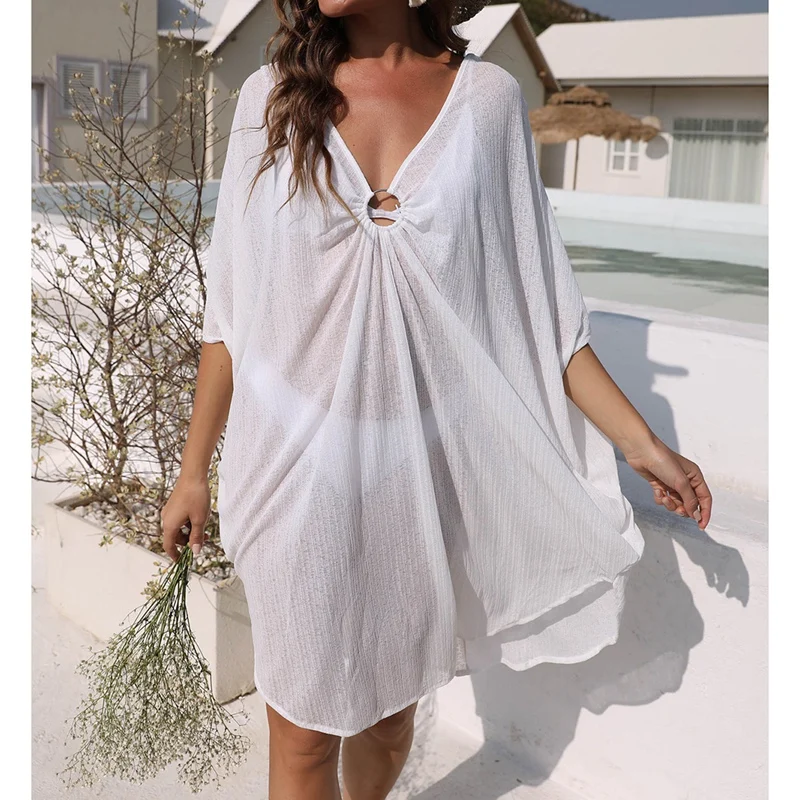 

Women's Sexy Deep V Perspective Drape Irregular Off-Shoulder Loose Beach Blouse White One Size
