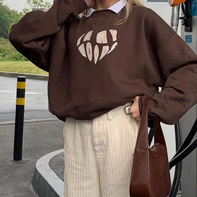 

Embroidery cute casual oversized sweatshirt autumn O-neck streetwear pullover brown top Harajuku long top college style