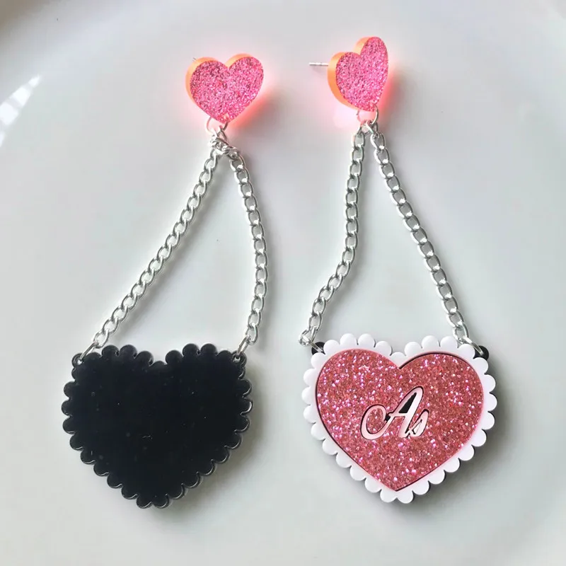 

Shinning Glitter Heart Acrylic Dangle Earrings For Women Pendant Statement Long Link Chain Pink Red Drop Earrings Bijoux Jewelry