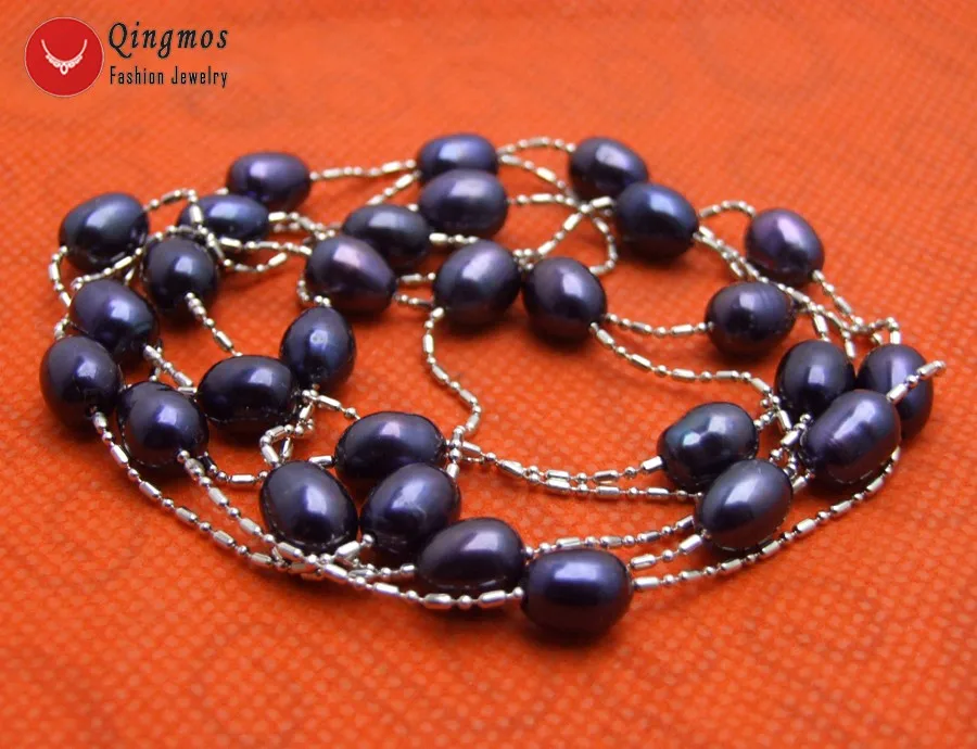 Qingmos Natural Black Pearl Necklace for Women with 6-7mm Rice Freshwater Float 46&quot Long Chain Fine Jewelry n6475 |