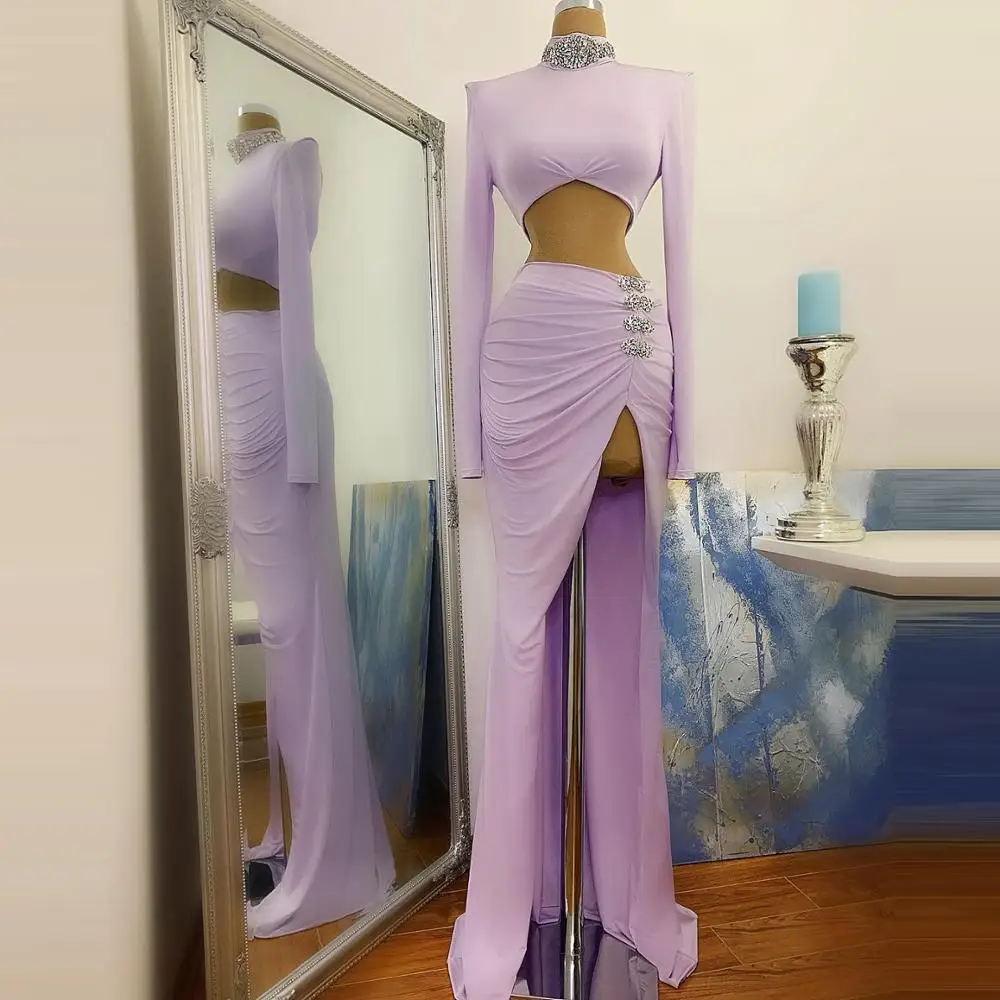 Lavender High Neck Beads Crystals Satin Prom Dresses Sexy High Slit Mermaid Evening Dresses Women Pageant Gowns Custom Made