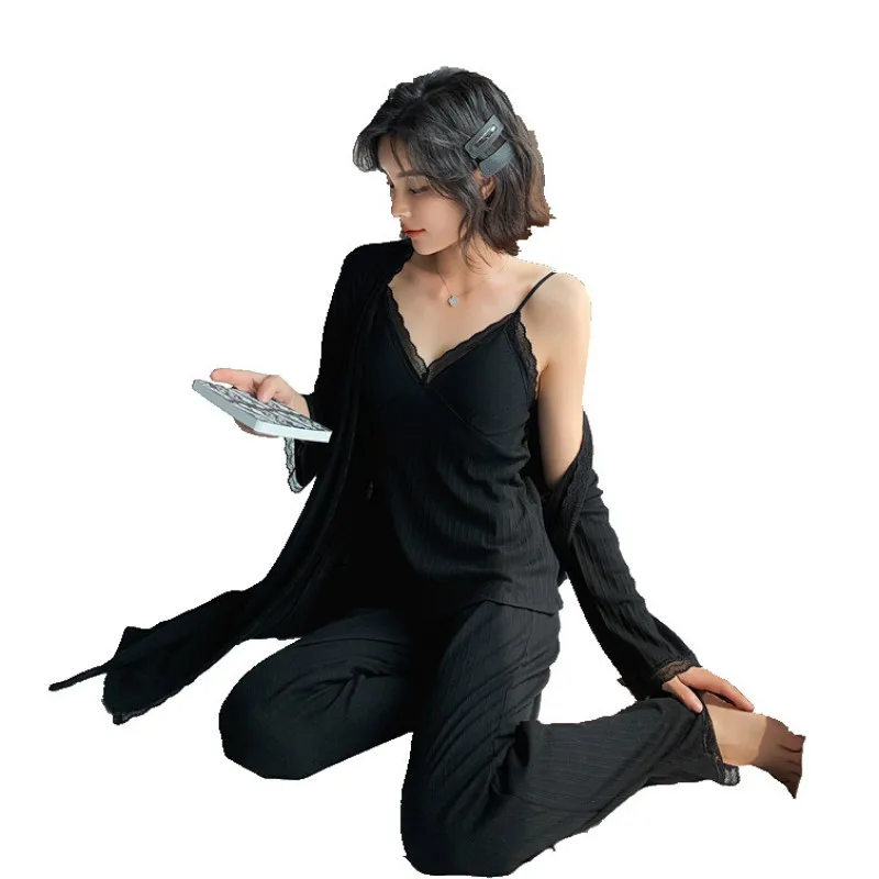 3 шт. халат комплекты сексуальный кружевной пеньюар костюм хлопковая одежда для