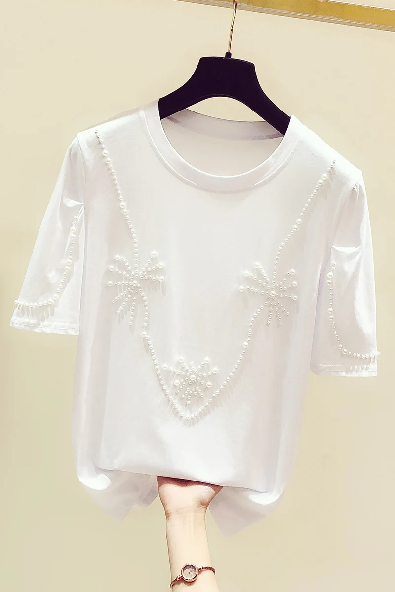 

Beaded T-shirt Women's 2021 Summer New Korean Pearl Decorative round Neck Puff Short Sleeve Top