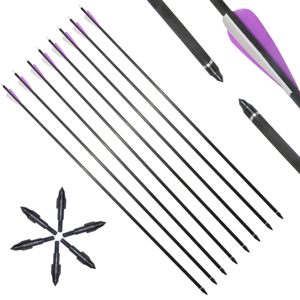 

6/12Pcs Mixed Carbon Arrows Spine350 31.8'' Replaceable Tips With Purple TPU Feathers For Shooting Hunting Archery Bow Games