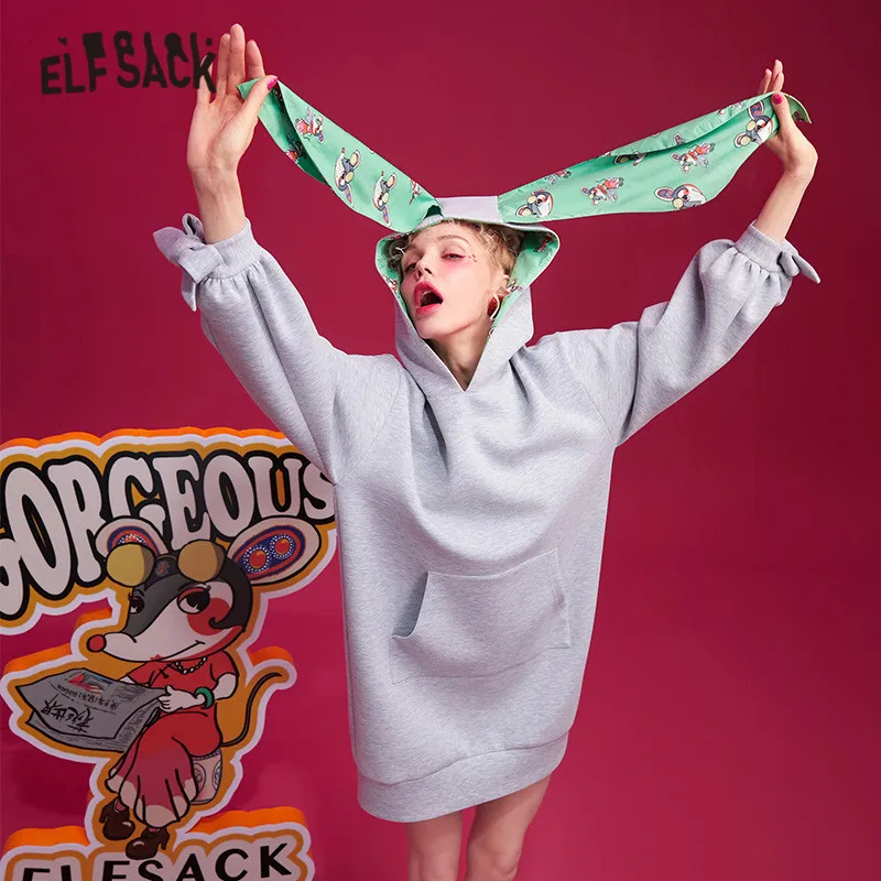 ELFSACK, серый, однотонный, с принтом крысы, пэтчворк, с капюшоном, Повседневный свитер, платье для женщин, зима, корейский стиль, рукав-фонарик, женские платья
