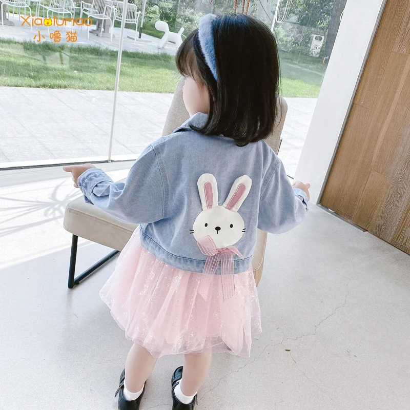 

Kids Clothes Girls Denim Jacket & Dress 2pc cute Girls Outfits Patchwork rabbit Mesh Dress Autumn Princess Suit For Girls