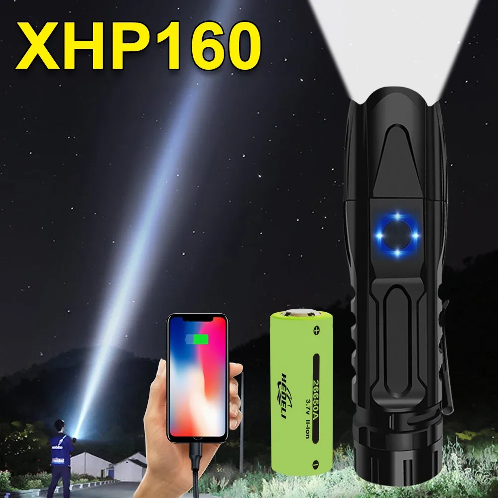 

Новейший мощный яркий светодиодный фонарик XHP160, фонарик XHP100 с зарядкой от USB, мощный светодиодный фонарик 18650 для охоты и кемпинга