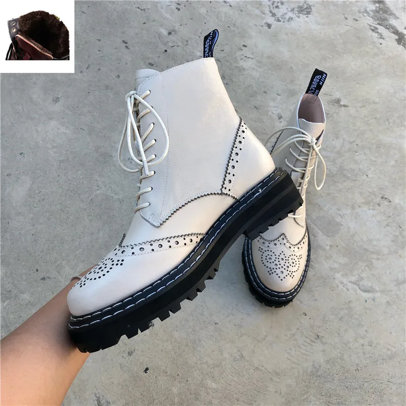 Beige Plush lining Buonoscarpe/Новинка года; Лидер продаж; сезон осень-зима; ботинки в байкерском стиле из натуральной кожи; ботильоны на не сужающемся книзу массивном каблуке; женские Ботинки martin - Цвет: Beige Plush lining