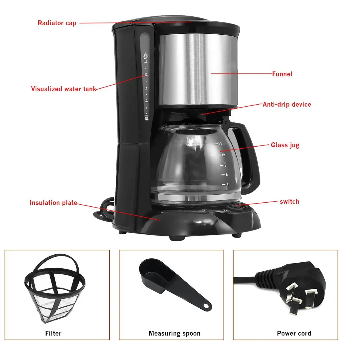 

2L 8-12 Cup Coffee Machine 220V Espresso Drip Coffee Maker With Glass Kettle Coffee Powder Filter Anti-Drip Insulation Teapot