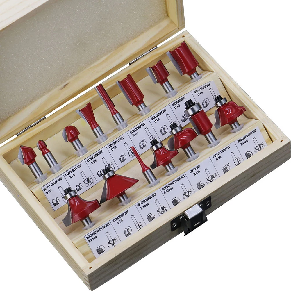 

15pcs/set Router-Bit Set Woodworking Trimming Trowel 1/4 Inch Shank Milling Cutter Tool Kit with Wooden Case for Woodworking Use