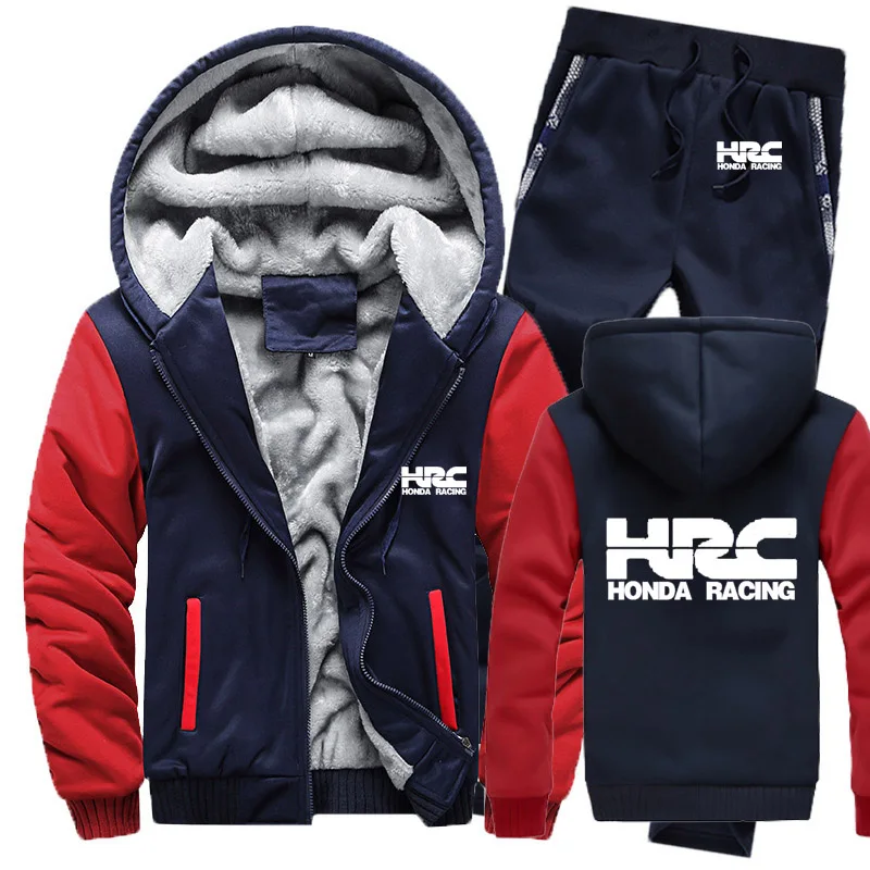 Hoodies Men HRC race motorcycle Car Logo Mens Suit Winter Thicken Warm Fleece Zipper Tracksuit Jacket+Pants sets | Мужская одежда