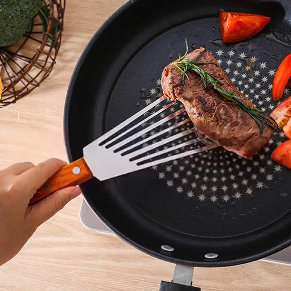 

Лопатка кухонная для сковородки, многофункциональная Нескользящая лопатка из нержавеющей стали для стейка, деревянная Антикоррозийная по...