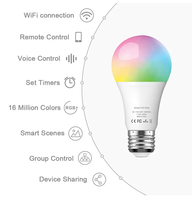 Tuya Smart Life Wifi умный светодиодный светильник, лампа E27 7,5 Вт 750Lm RGB+ 6500K холодный белый светильник, работает с Alexa Google Home IFTTT